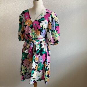 Floral Wrap Dress with Puff Sleeves - Pink Multi